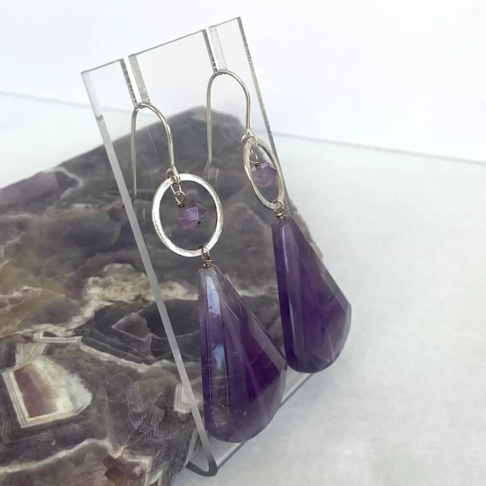 Deb Guyot Sterling Silver 925 Chunky Faceted Teardrop Amethyst Dangle Earrings